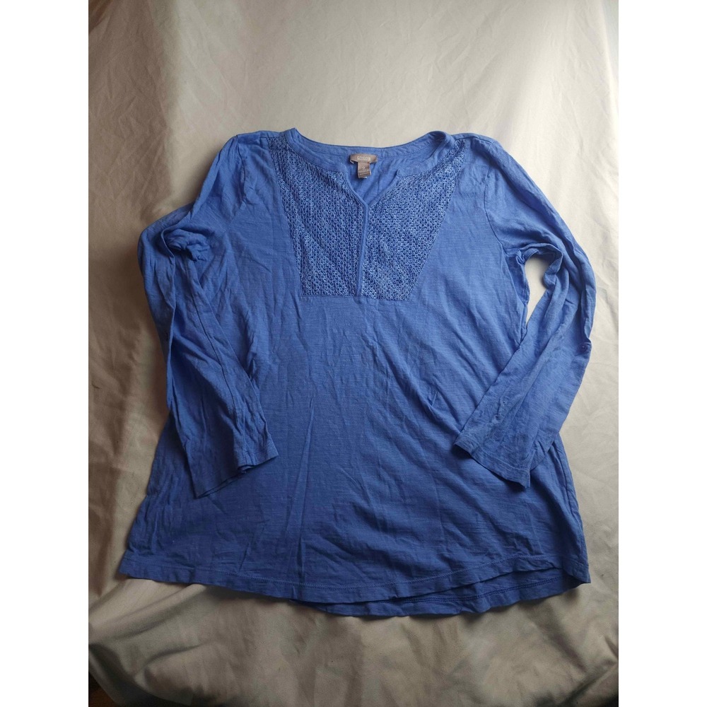 Chicos Blue Cotton Crochet Lace Bib Long Sleeve Top Size‎ 2 Large